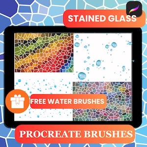 May include: A digital tablet displays four images with stained glass and water droplet designs. The text "STAINED GLASS", "FREE WATER BRUSHES", and "PROCREATE BRUSHES" are featured on the image. The background is a mosaic of blue tiles.