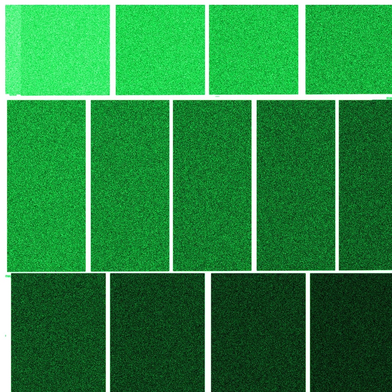 May include: A collection of green squares and rectangles, each with a textured, speckled appearance. The shades of green vary from light to dark, creating a gradient effect. The arrangement includes both square and rectangular shapes.