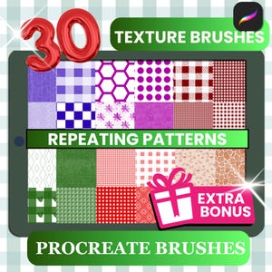 Puede incluir: Activo de arte digital que muestra 30 pinceles de textura y patrones repetidos para Procreate. La imagen muestra una tableta con varias muestras de patrones, incluyendo cuadros, lunares y diseños florales. También se ven las palabras "Texture Brushes", "Repeating Patterns", "Procreate Brushes" y "Extra Bonus".