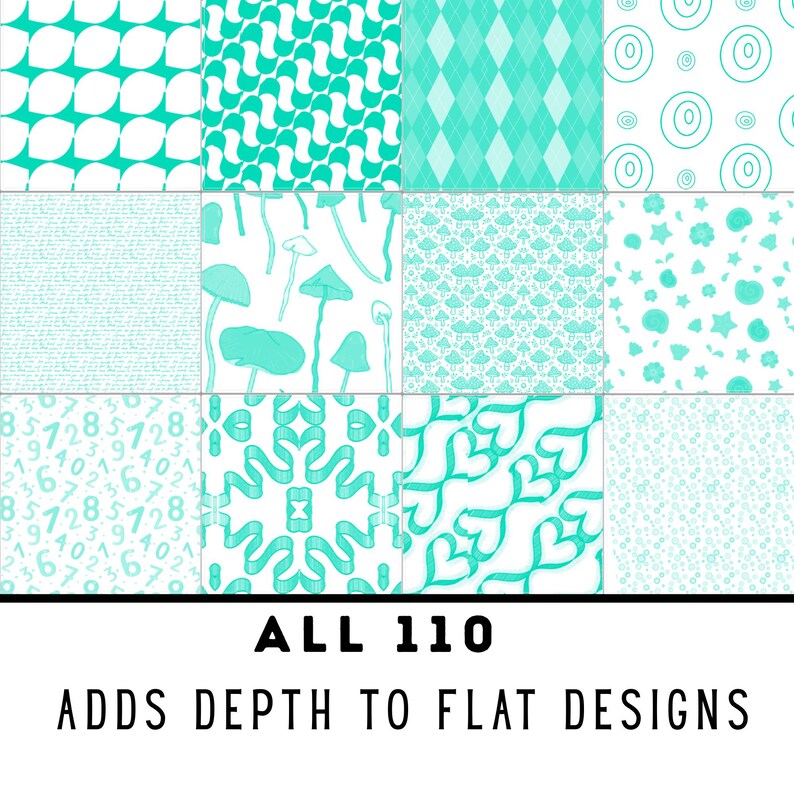 May include: A grid of turquoise and white patterns, including geometric shapes, mushrooms, and numbers. The text at the bottom reads "ALL 110 ADDS DEPTH TO FLAT DESIGNS."