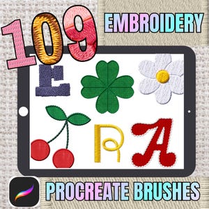 Può includere: Un tablet digitale mostra disegni di ricamo, tra cui un quadrifoglio, una margherita, ciliegie e lettere. Il numero "109" e le parole "Embroidery" e "Procreate Brushes" sono anch'esse visibili.