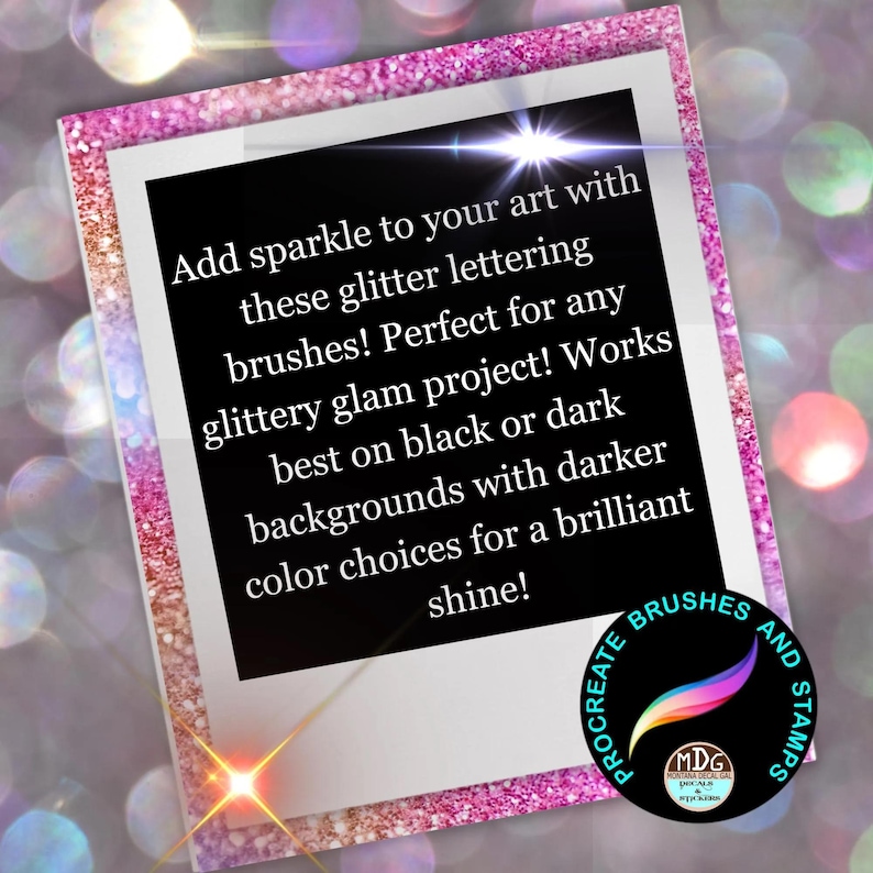 May include: A digital art graphic with a pink glitter frame and a black center. Text reads: "Add sparkle to your art with these glitter lettering brushes!" A circular logo with text and a rainbow brush is in the lower right.