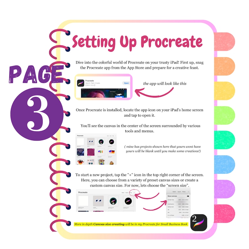 A colorful guide on how to set up the Procreate app on an iPad. The guide shows the app icon, the canvas, and the tools and menus. It also shows how to start a new project by tapping the plus icon and choosing a canvas size.