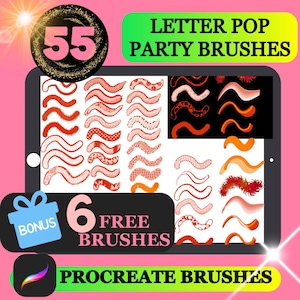 May include: A digital art graphic showing a tablet displaying a collection of Procreate brushes. The image includes the text "LETTER POP PARTY BRUSHES", "55", "6 FREE BRUSHES", and "PROCREATE BRUSHES". The brushes are in shades of red, orange, and white.