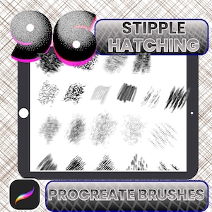 May include: A digital illustration of a tablet displaying various stipple and hatching brushes. The tablet screen shows different brush stroke patterns in black and white. The text "STIPPLE HATCHING" and "PROCREATE BRUSHES" are also visible.