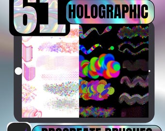 Könnte beinhalten: Ein digitales Tablet zeigt 61 holografische Procreate-Pinsel. Der Bildschirm zeigt verschiedene farbenfrohe Pinselstriche vor weißem und schwarzem Hintergrund. Der Text auf dem Bildschirm lautet "HOLOGRAPHIC" und "PROCREATE BRUSHES".
