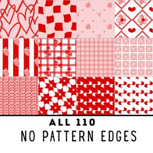 May include: A collection of nine red and white patterned designs. Patterns include hearts, strawberries, flowers, and geometric shapes. The text at the bottom reads "ALL 110 NO PATTERN EDGES".