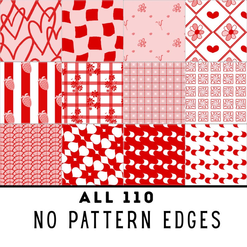 May include: A collection of nine red and white patterned designs. Patterns include hearts, strawberries, flowers, and geometric shapes. The text at the bottom reads "ALL 110 NO PATTERN EDGES".