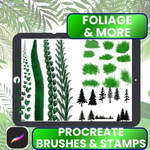 May include: A digital tablet screen displaying a collection of green foliage and tree illustrations. The screen features vertical vine patterns, various green grass patches, and black silhouettes of pine trees. Text reads FOLIAGE & MORE.