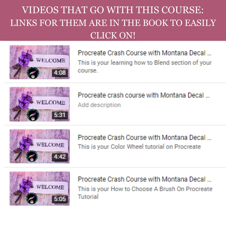 Four video thumbnails with purple flowers and a welcome sign. Each thumbnail has a title that says "Procreate Crash Course with Montana Decal" and a description of the video's content. The videos are about blending, color wheels, and choosing brushes in the Procreate app.