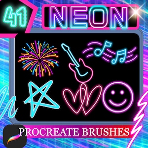 May include: A digital art graphic featuring neon-style illustrations. The image includes a neon sign that says "NEON", along with other neon designs such as a star, hearts, a guitar, musical notes, a smiley face, and fireworks. The text "PROCREATE BRUSHES" is also present.