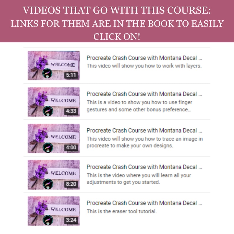 Five video thumbnails with purple flowers and the text "Welcome" on each. Each thumbnail has a different video length, such as 5:11, 4:33, 4:00, 8:20, and 3:24. The text "Procreate Crash Course with Montana Decal..." is above each thumbnail, followed by a description of the video content.
