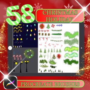 May include: Digital illustration of 58 Christmas and holiday-themed Procreate brushes. The image includes various elements such as string lights, wreaths, candy canes, gingerbread men, and Christmas trees. The text "CHRISTMAS HOLIDAY" is displayed in a red banner.