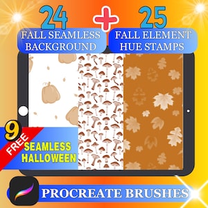 Puede incluir: Una exhibición de productos de arte digital con fondos sin costuras con temas de otoño, sellos de tono de elementos y patrones sin costuras con temas de Halloween. La imagen incluye el texto "24 Fall Seamless Background", "25 Fall Element Hue Stamps" y "9 Free Seamless Halloween".