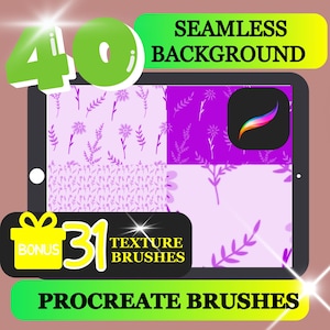 Könnte beinhalten: Ein digitales Kunstprodukt, das auf einem Tablet angezeigt wird und 40 nahtlose Hintergründe und 31 Texturpinsel enthält. Die Hintergründe zeigen florale Muster in Lilatönen. Der Text lautet "Procreate Brushes" und "Seamless Background".