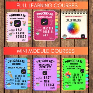 A colorful graphic showing different Procreate courses for digital art. The courses include a crash course, a master class, a color theory module, a brush module, a blending and overlays module, and a clipping mask and alpha lock module. The courses are offered by Montana Decal Gal.