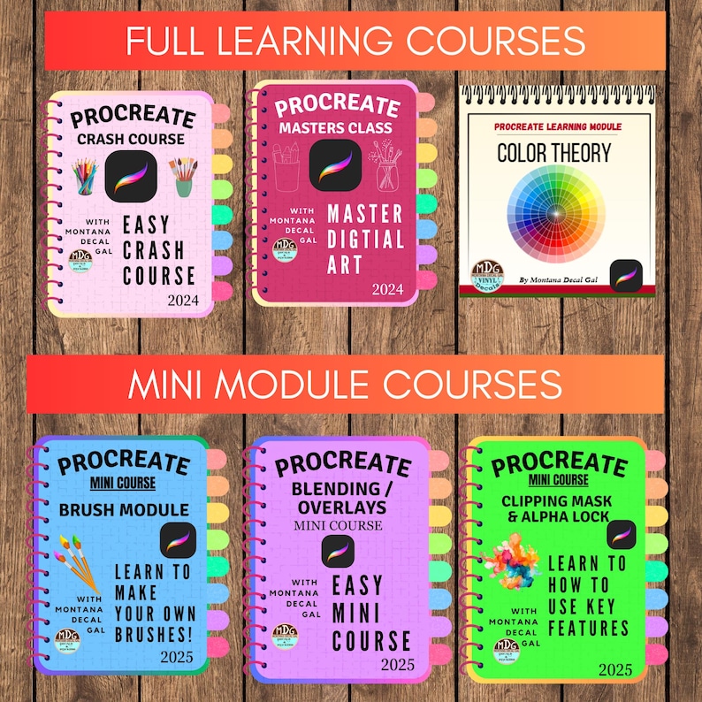 A colorful graphic showing different Procreate courses for digital art. The courses include a crash course, a master class, a color theory module, a brush module, a blending and overlays module, and a clipping mask and alpha lock module. The courses are offered by Montana Decal Gal.