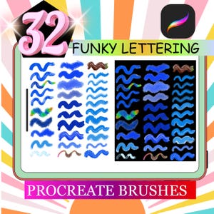 Può includere: Grafica di arte digitale con 32 pennelli Procreate "Funky Lettering". I pennelli sono in tonalità di blu e marrone, su sfondo nero. L'immagine include il logo dell'app Procreate e testo.