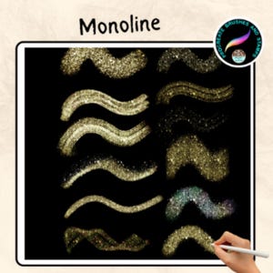 May include: Digital art brushes for Procreate, featuring a variety of glittery, wavy monoline designs in gold and iridescent colors. The image includes the text "Monoline" and a logo for "Procreate Brushes and Stamps."
