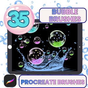 Könnte beinhalten: Digitale Illustration auf einem Tablet mit Bubble-Brushes für Procreate. Das Bild zeigt einen Wasserspritzer und verschiedene bunte Blasen. Der Text enthält "35" in einem rosa Kreis, "Bubble Brushes" und "Procreate Brushes."