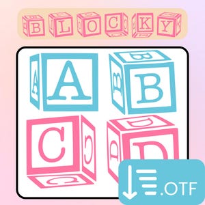 May include: A digital graphic featuring four alphabet blocks, each with a letter: A, B, C, and D. The blocks are in blue and pink, with the letters in a contrasting color. The image also includes the word "BLOCKY" above the blocks and a download button.