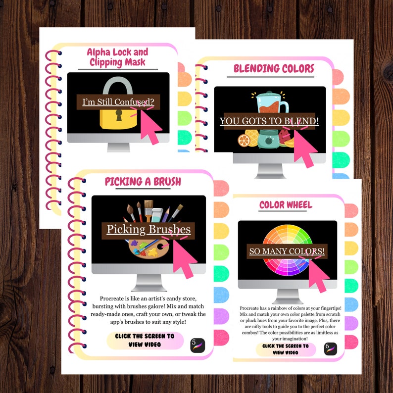 Four colorful digital illustrations on a white background with a spiral notebook binding. The illustrations are about using the Procreate app for digital art. The first illustration shows a computer screen with a lock icon and the text "I'm Still Confused?"