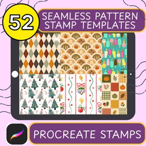 Puede incluir: Una pantalla digital que muestra 52 plantillas de sellos de patrones sin costuras para Procreate. La pantalla presenta seis diseños gráficos distintos, incluyendo rombos, motivos de Halloween, helados, árboles de Navidad, adornos y patchwork.