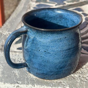 Blue ceramic mug 16-20 oz. with thumb rest handmade