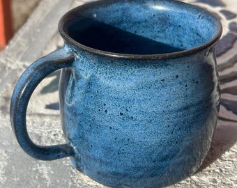 Blue ceramic mug 16-20 oz. with thumb rest handmade
