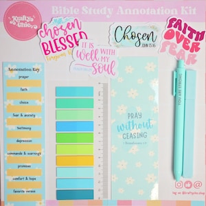 May include: A Bible study annotation kit with stickers, sticky notes, a pen, and a highlighter. The kit includes stickers with phrases like "Chosen" and "Faith Over Fear." The pen and highlighter are light blue. The kit also includes a ruler and annotation key.