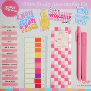 May include: A Bible study annotation kit with stickers, sticky notes, and pink pens. The kit includes stickers with phrases like "Know Jesus Know Peace" and "Made to Worship." The annotation key includes terms like "prayer" and "faith."