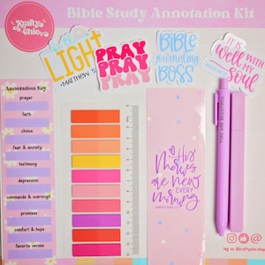 May include: Bible study annotation kit with stickers, sticky notes, a pen, and a marker. The kit includes stickers with phrases like "Pray" and "Bible Journaling Boss." The annotation key includes categories like prayer and faith.