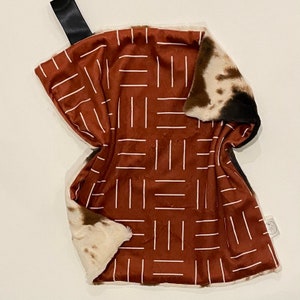 Western cinnamon mudcloth minky lovey, faux fur lovey, security blanket, baby girl lovey, baby boy lovey