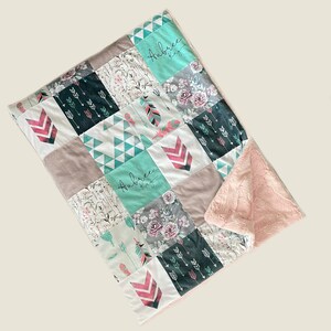 Personalized teal and pink arrow feather pieced minky blanket, security blanket, baby girl, lovey, minky, faux fur, boho