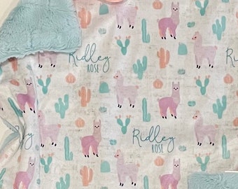 personalized llama cactus faux fur lovey, security blanket, baby girl lovey, baby blanket