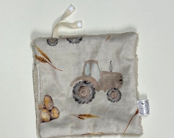 Neutral tractor minky soother snuggler, faux fur lovey, security blanket, baby girl lovey, paci clip, pacifier holder, travel, minky, boy
