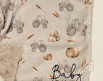 Tractor neutro personalizado patrón de trigo Minky Lovey, niña, niño, manta de bebé, manta de piel sintética, manta minky, regalo personalizado