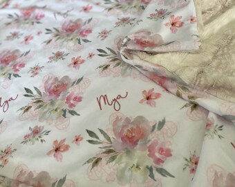 personalized floral faux fur lovey, security blanket, baby girl lovey, baby blanket, faux fur blanket, minky blanket, personalized gift