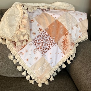 Personalized neutral baby girl rainbow pieced minky blanket, security blanket, baby girl, minky, faux fur, lovey, pretty, floral