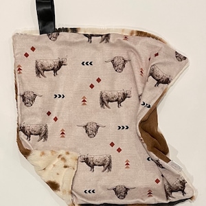 Highland cow pattern lovey, faux fur lovey, security blanket, baby boy lovey, baby girl lovey