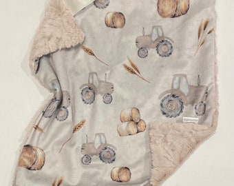 Neutral tractor and bale minky lovey, faux fur lovey, security blanket, baby girl lovey, baby boy lovey, neutral, minimalist