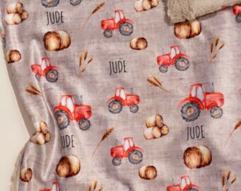 personalized tractor and bale faux fur lovey, security blanket, baby girl lovey, baby blanket, baby boy