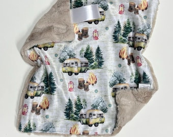Camping Minky Lovey, Kunstfell Lovey, Schmusetuch, Baby Girl Lovey, Baby Boy Lovey, Bäume, luxe cuddle, Minky, Schmusetuch, weich