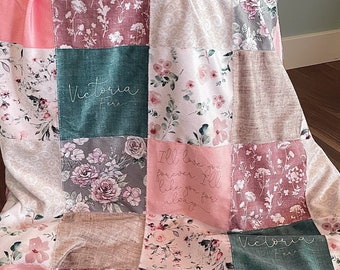 Personalized floral pieced minky blanket, security blanket, baby girl, lovey, minky, faux fur, neutral, boho, teal, pink, watercolor