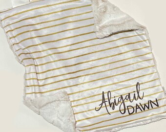 personalized white and gold stripe faux fur lovey, security blanket, baby girl lovey, baby blanket