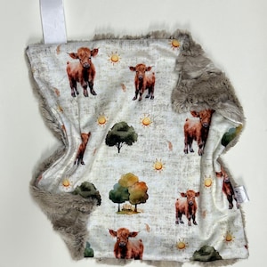 Neutral highland cow farm minky lovey, faux fur lovey, security blanket, baby girl lovey, baby boy lovey, neutral, minimalist, western