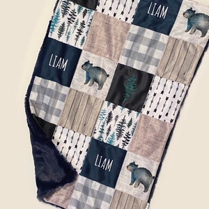 Personalized bear pieced minky blanket, security blanket, baby girl, baby boy, trees, woodland