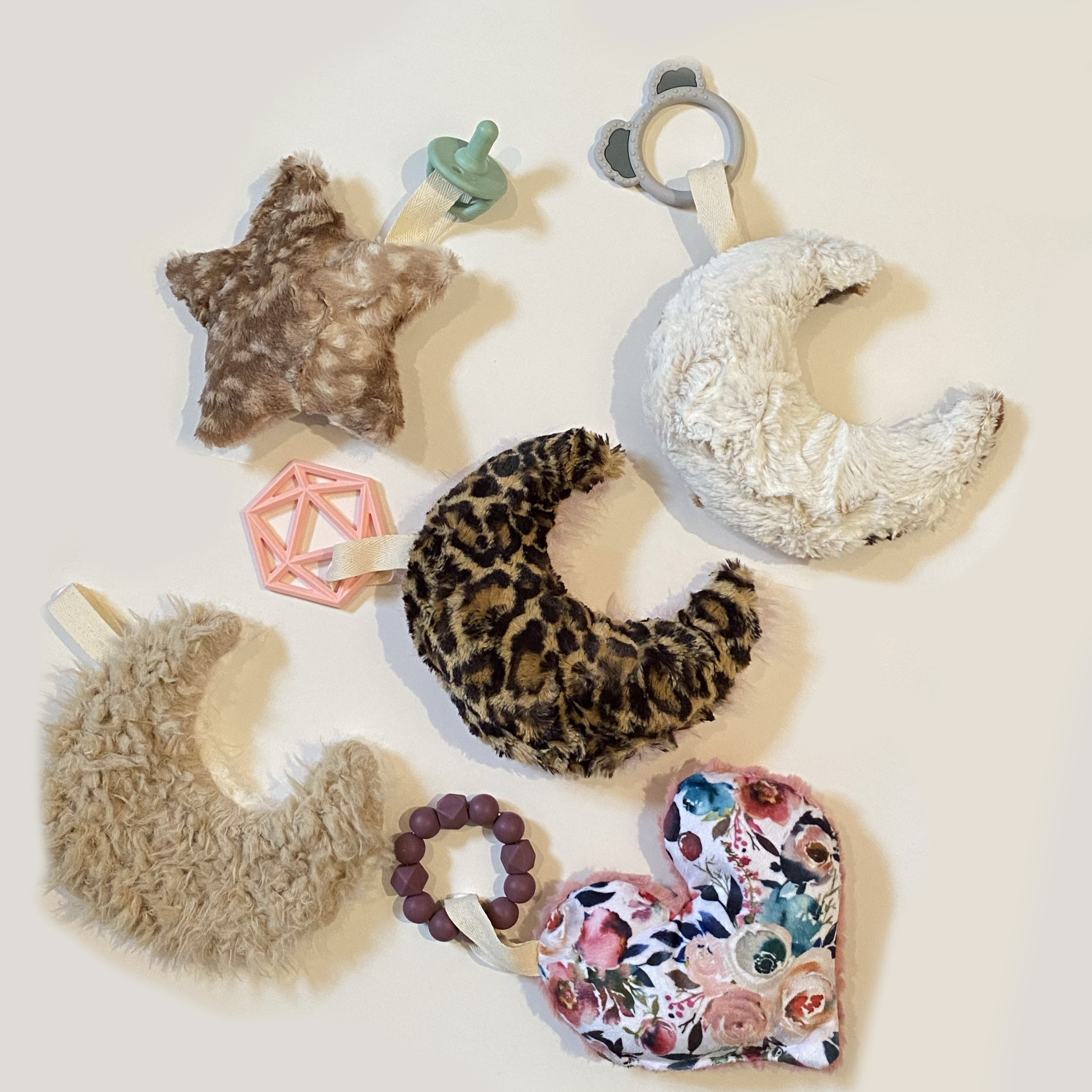 mini moon star or heart pacifier clip, faux fur lovey, paci clip, baby girl lovey, baby boy lovey, pacifier holder, paci holder, soother