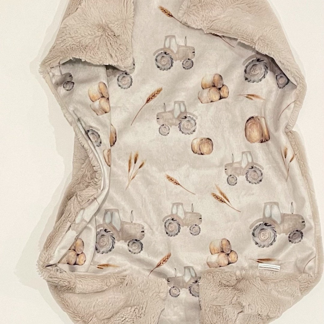 Neutral Tractor Pattern Car Seat Blanket, Western Baby Blanket, Faux
