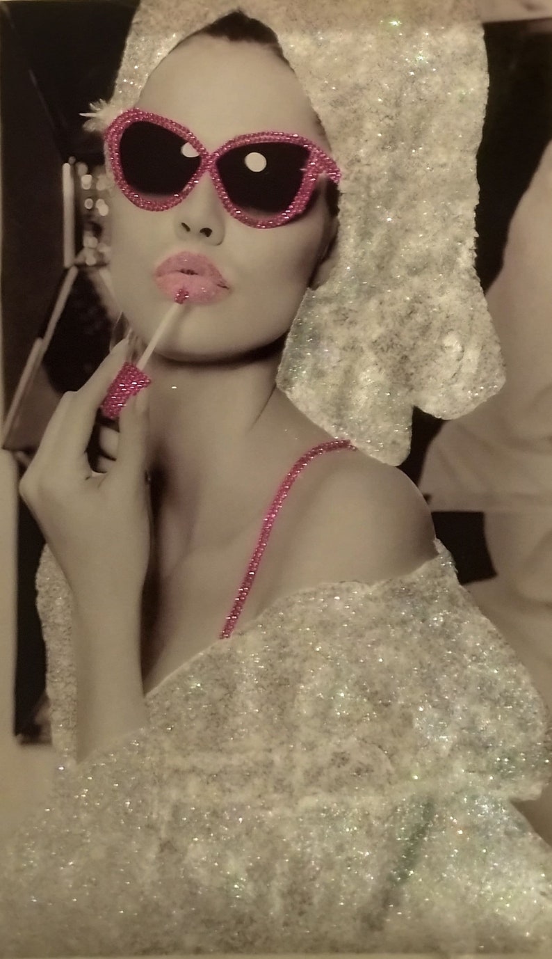 Audrey Hepburn Crystals ,glitter Canvas Wall Art, Wallpaper Silver Sparkle Diamond Pink Lips
